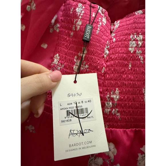 Bardot Amika Pink Floral Satin Bustier Midi Dress Wedding Guest Revolve NWT - 8 - Picture 10 of 15